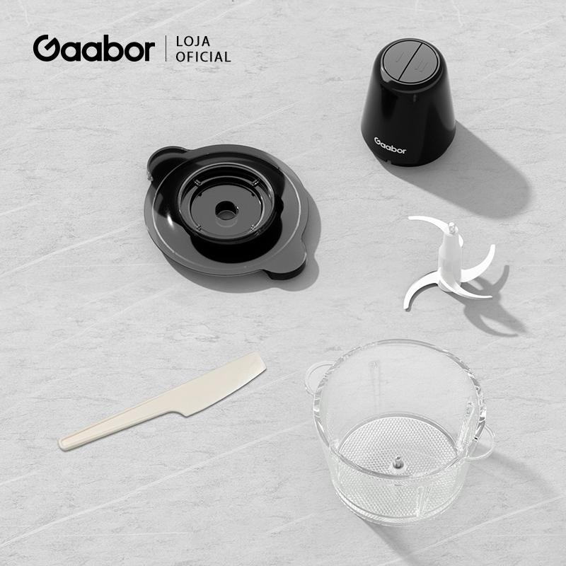 Peças removíveis do processador Gaabor: motor, tampa, lâminas e recipiente